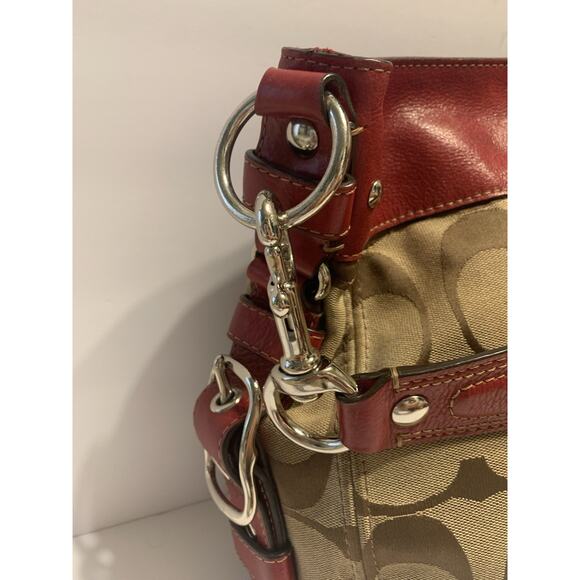 COACH Zoe Signature Monogram Jacquard Hobo Shoulder Bag - Red Leather Trim - Picture 4 of 10